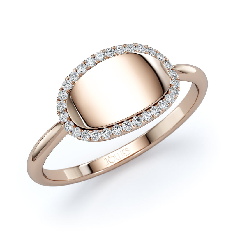 טבעת חותם אובלית משובצת יהלומים - זהב ורוד BEST SELLER