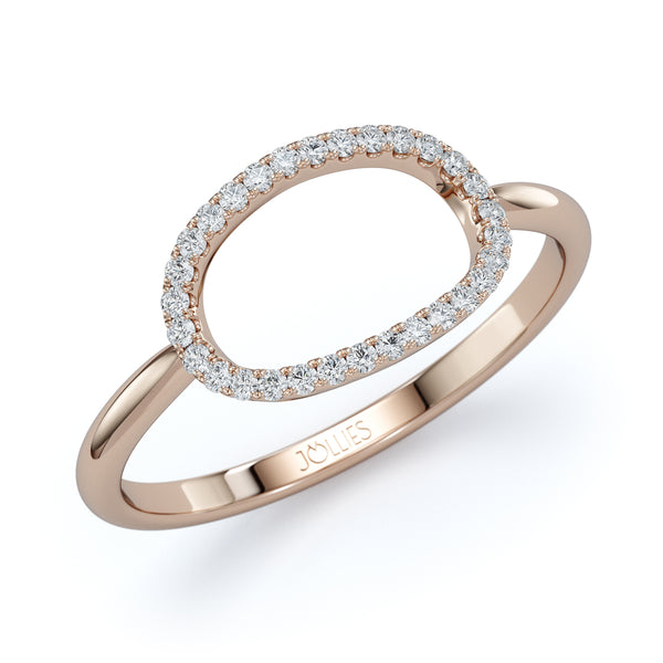 טבעת חותם אובלית פתוחה משובצת יהלומים - זהב ורוד