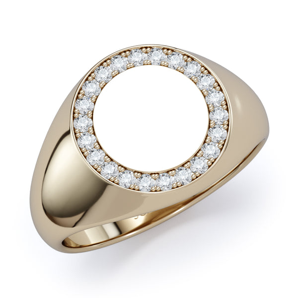 טבעת חותם עגולה משובצת יהלומים - זהב צהוב