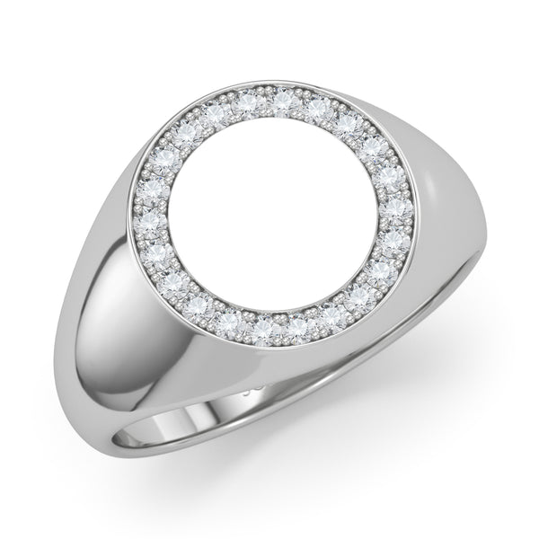 טבעת חותם עגולה משובצת יהלומים - זהב לבן