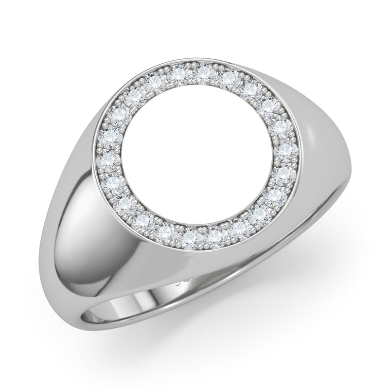 טבעת חותם עגולה משובצת יהלומים - זהב לבן